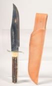 WIDDER SOLINGEN GERMANY ORIGINAL BOWIE KNIFE, with antler handle in a leather sheath, 11