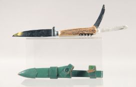 AN ORIGINAL HUBERTUS KNIFE, with antler handle as a pen knife with corkscrew and two knives, 8.5