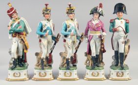 A SET OF FIVE NAPOLEONIC PORCELAIN FIGURES ON BASES.