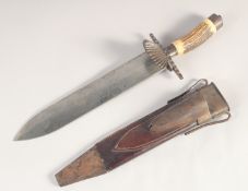 A EUROPEAN HUNTING DIRK, mid-19th century, wide straight heavy blade with maker's mark 'K