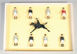 W. BRITAINS, a set of eight lead hunting figures and a lady on horseback, (9).