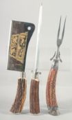 SOLINGEN GERMANY, an antler handle chopper-cleaver and a knife sharpener and fork, (3).