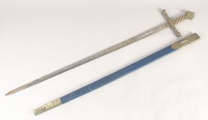 A REPLICA OF A KNIGHTLY SWORD, early 20th century, straight edged pointed 36in blade, brass
