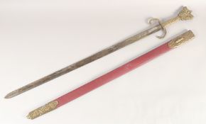A REPLICA OF A VENETIAN KNIGHTLY SWORD, early 20th century, straight edged pointed 33in blade, brass