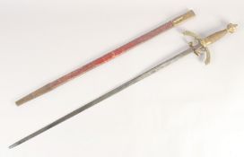 A REPLICA OF A RAPIER, early 20th century, narrow double edged blunt tipped 31.5 in blade, hilt with