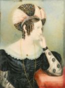 19th Century, a miniature portrait of a lady in an elaborate headdress, watercolour in ivory, 4
