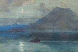 F. Lee Baidell, A boat in a mountainous landscape with a moonlit sky, watercolour, 6.5