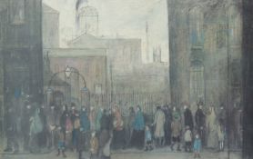 A Lowry print, numbered 526/850, figures waiting on the street, Medici Society Ltd label verso, 12.
