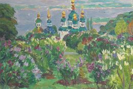 Mid-20th Century Russian School, wildflowers in a field with church towers beyond, oil on board,