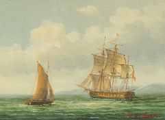 James Hardy (late 20th Century) A Man-of-War and a sailing boat, oils on canvas not stretched,