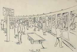 Circle of Fougasse, 'The G.S', a pen and ink study of crowded railway carriages and platform