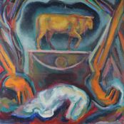 P. Simpson (20th Century) A colourful abstract with a bull ornament, oil on canvas, signed and dated