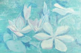 Mid-Century Modern, a study of water lilies, oil on board, signed Wright, 20