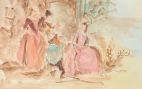 A group of elegant ladies in a garden, watercolour, 8.5