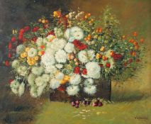 Vicpedone, (Late 20th Century), A still life of red, white and orange flowers in a basket, oil on