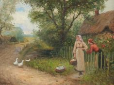 Style of Yeend King, A country lane with geese and two women chatting over a garden fence next to
