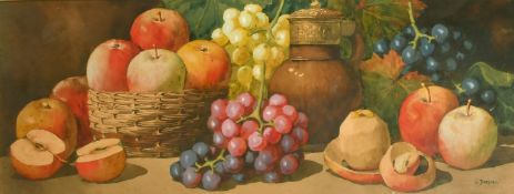 Giovanni Barbaro (Arthur Dudley) (1864-1915) Italian, A still life of apples in a basket, a jug