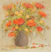 G. Spence (20th Century), A still life of red and yellow roses in a brown vase, oil, signed,