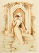 James Arthur Morris (20th Century) British, figures in embrace outside a church, watercolour,