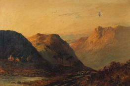 W. Richards, 'Pitlochry', A shepherd moving a small flock of sheep along a mountain path, near to