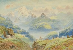 Charles Jones Way (1834-1919) British, An Alpine view with snow-capped mountains and a raging