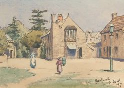 A.R. Collis, 'Montacute, Yeovil', figures in a courtyard with stone buildings, watercolour,
