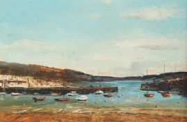 21st Century, A harbour scene with moored boats inside the harbour wall, oil on board, 7