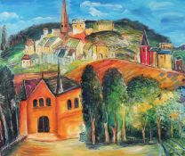 Late 20th Century, A building by a forest with a village on the hill beyond, oil on canvas, 20