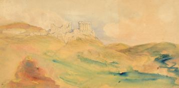 Circle of Edward Lear, a Continental view of hilltop ruins, 5.5