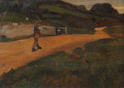 Early 20th Century, A man walking along a lane carrying a shovel over his shoulder, oil on board, 7