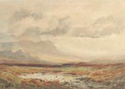 Arthur Tozer (early 20th Century) A gathering of water in a landscape with mountains beyond,