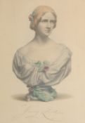 A coloured print of Jenny Lind with an accompanying signature with her married name Jenny