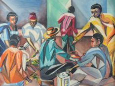 Jayant Ruwala (20th Century) Uganda, a scene of figures in a marketplace, watercolour, label