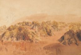 Circle of Peter De Wint, Corn stooks, watercolour, 8.5