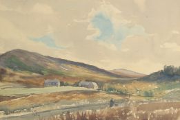 Juliet Pannett (1911-2005) 'Near Nethy Bridge, Inverness', A hilly landscape with buildings,