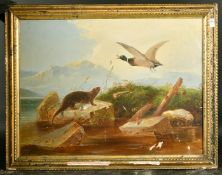 Late 19th Century School, An otter with fish on a large rock with a Mallard flying overhead with