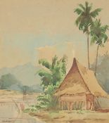Abu Bakar Ibrahim (1925-1977) Malaysian, A dwelling on the edge of a river, Malaya, watercolour,