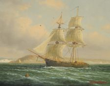 James Hardy (late 20th Century) A two mast Clipper with other shipping off the coast, oil on