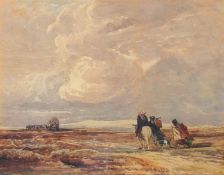 Circle of David Cox, wayfarers following a wagon on an open road, watercolour, bears signature,