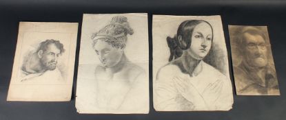 19th/20th Century, a group of four unframed head studies, charcoal and pencil, the smallest 14