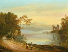 20th Century School, figures conversing by a mountain lake with castle ruins and sailboats beyond,