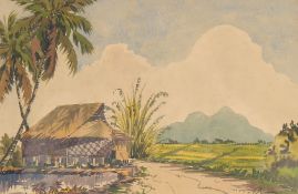 M. Sibik (20th Century Malaysian School), A hut next to palm trees and rice fields with a mountain