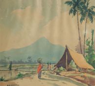 Abu Bakar Ibrahim (1925-1977) Malaysian, Figures carrying produce on their heads with a mountain