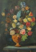 A still life of mixed flower in a gold goblet, oil on panel, 21.5