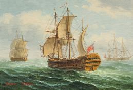 James Hardy (late 20th Century) A Man-of-War and a tall ship out to sea, oils on canvas not