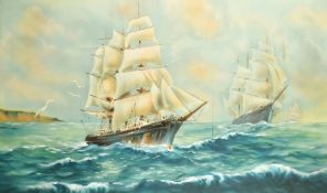 Vanuzzi, 20th Century, sailboats in heavy seas off a headland, oil on canvas, laid down, signed, 47