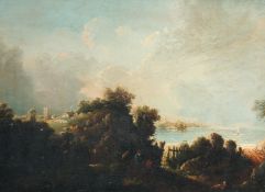 Mid-19th Century English School, figures resting in a coastal landscape, oil on canvas, 15