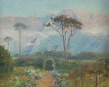 Evelyn Percival-Clark (19th/20th Century), a garden view with mountain beyond, possibly South