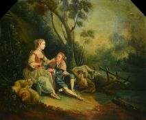 Manner of Watteau, an elegant couple seated sharing grapes in a classical landscape with sheep and