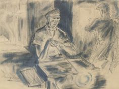 Anthony Lake (1905-1956), 'The glass blowers', pencil and watercolour, signed, trade labels verso,